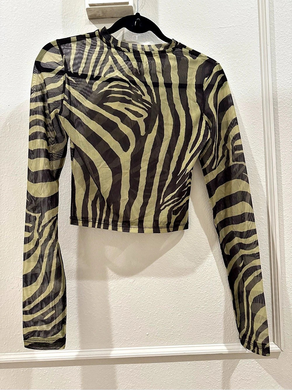 Bershka Women's Olive Brown Zebra Print Cropped Mesh Long Sleeve Size Medium